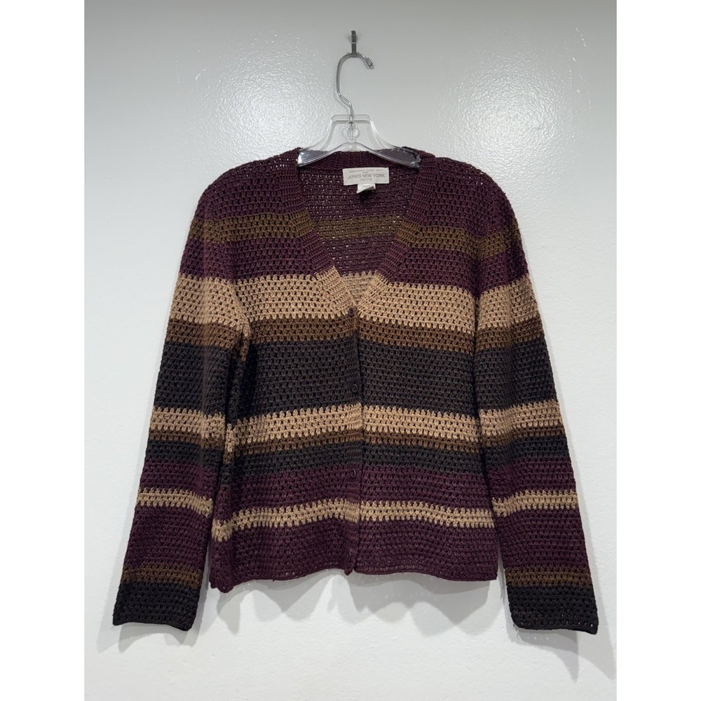 Vintage Jones New York Hand Knit Linen Cardigan Sweater Striped 90s Earthy Boho
